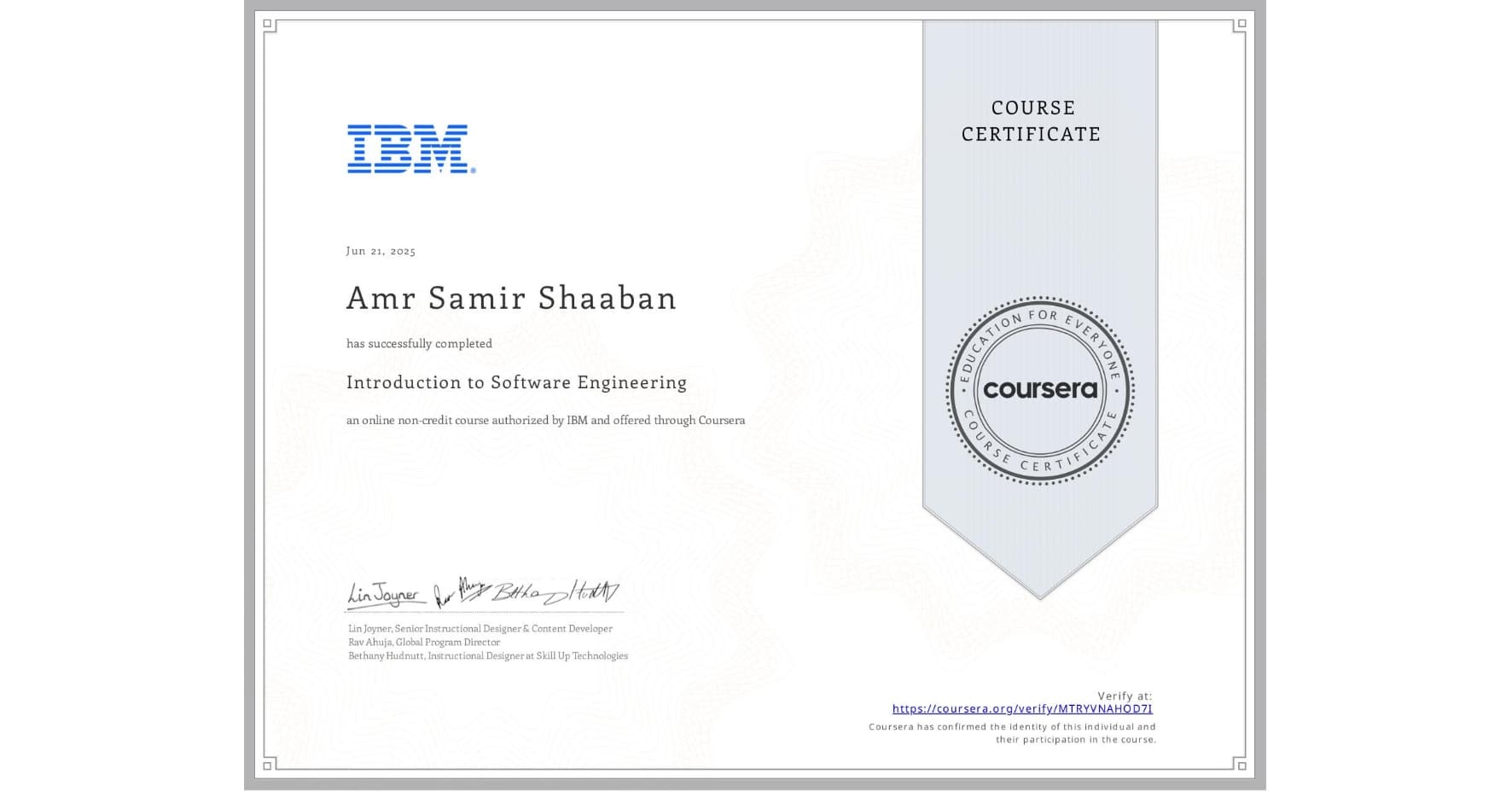 Certificate for Introduction to Software Engineering