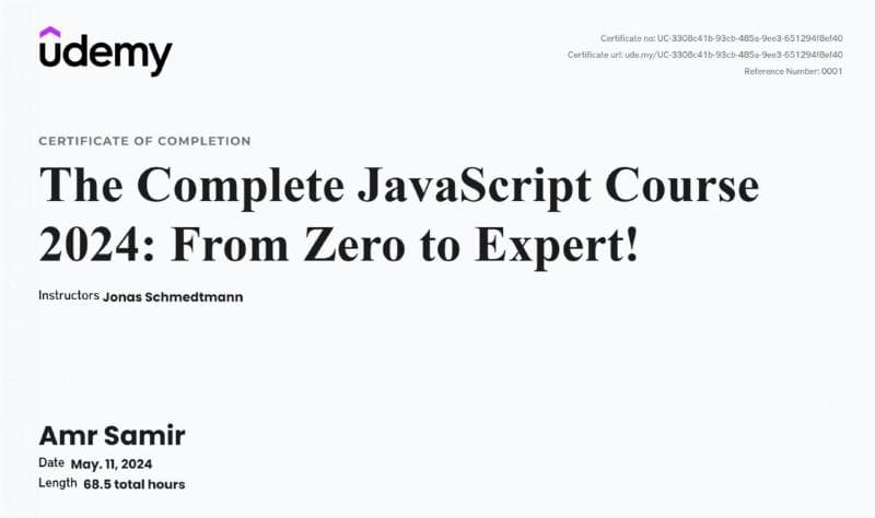 Certificate for JavaScriptThe Complete JavaScript Course 2024: From Zero to Expert!