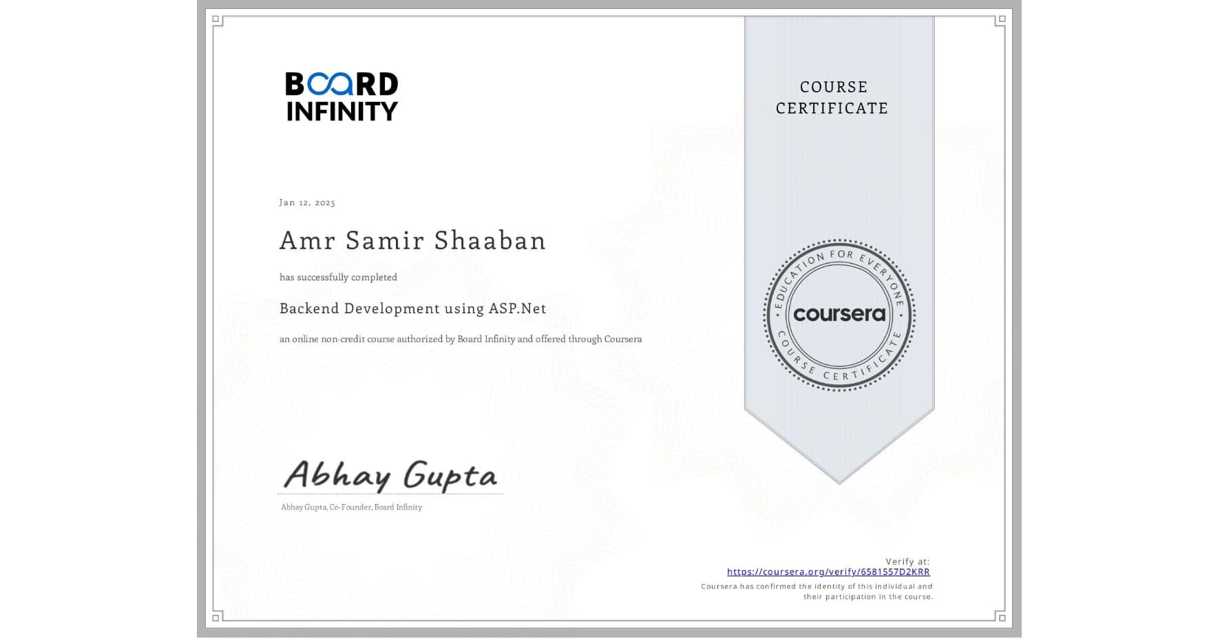 Certificate for Backend Development using ASP.Net