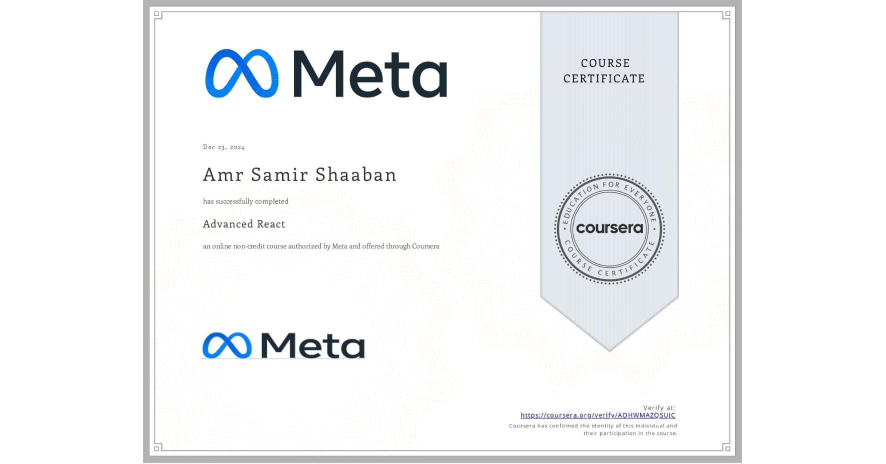 Certificate for Re Study another Course With Meta :React With Meta